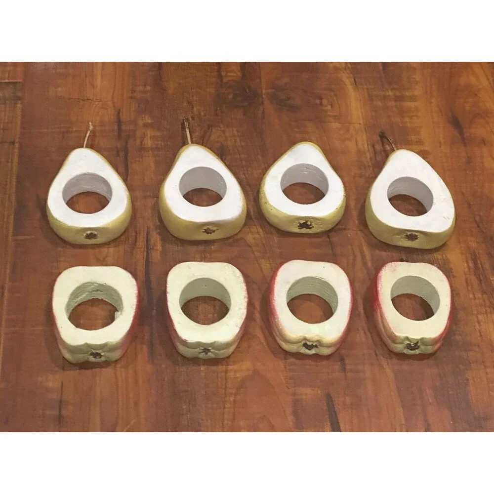 Set of (8) Vintage CRATE & BARREL Wooden Apples & Pears Napkin Rings